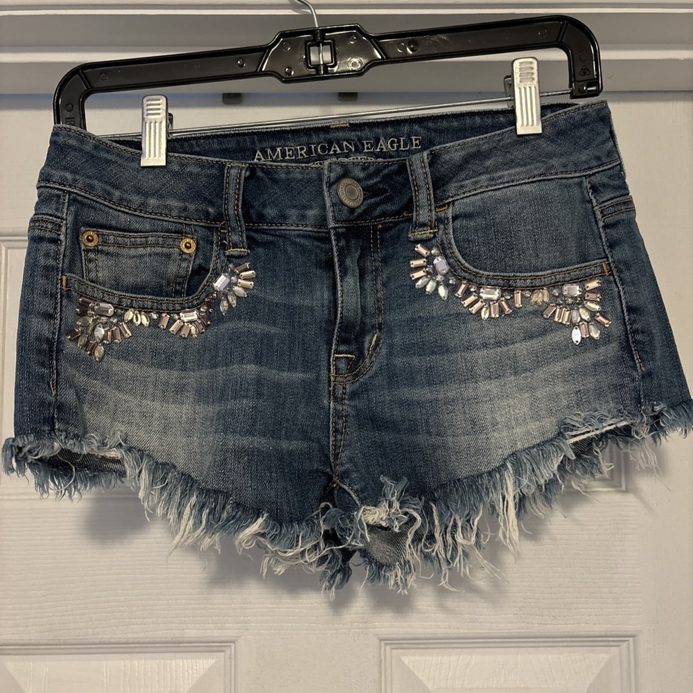 American Eagle Micro Mini Booty Shorts‎ Stretch Rhinestone Distressed Women's 0